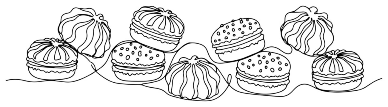 Assorted cookies and meringues in minimalist continuous line drawing style