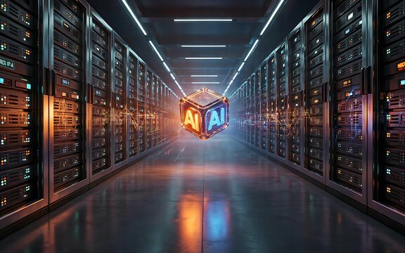 A glowing cube with the letters ai floating in the center of a dark data center aisle between rows of black server racks and network cables