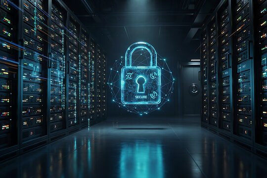 A glowing blue digital padlock floating in a server room with binary code streams and network connections representing secure data storage
