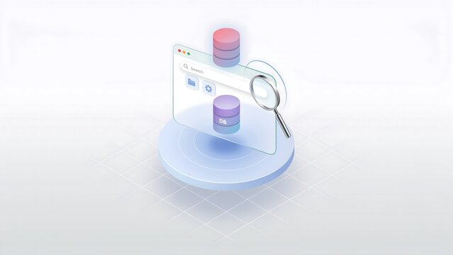 3d isometric of a web browser window with database cylinders and a magnifying glass on a light blue grid background, for data management
