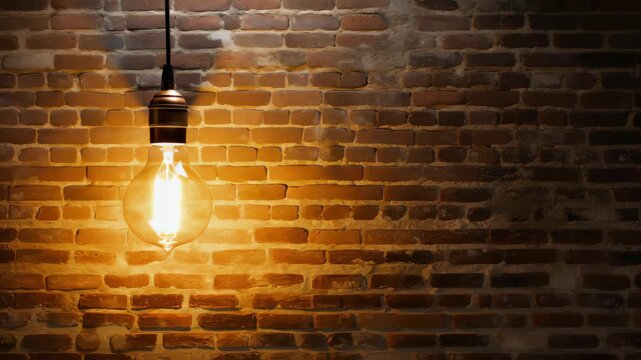 Vintage Edison Bulb Glows: A solitary vintage Edison light bulb hangs in front of a rustic brick wall, its warm filament casting an inviting glow.