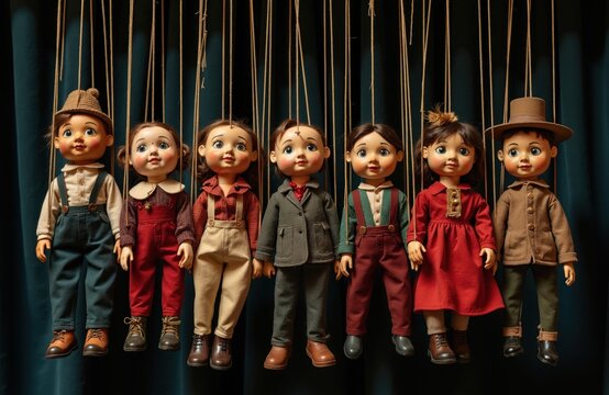 Collection of seven vintage marionette puppets hanging on strings against dark green curtain background. Traditional wooden dolls dressed in antique clothes for theatre performance show. Kids toys
