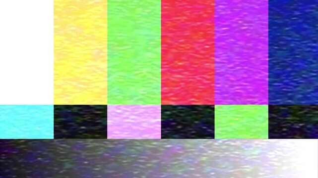 Classic retro television screen displaying vibrant color bar test pattern with distorted static interference, symbolizing broadcast signal loss and technical difficulties on air