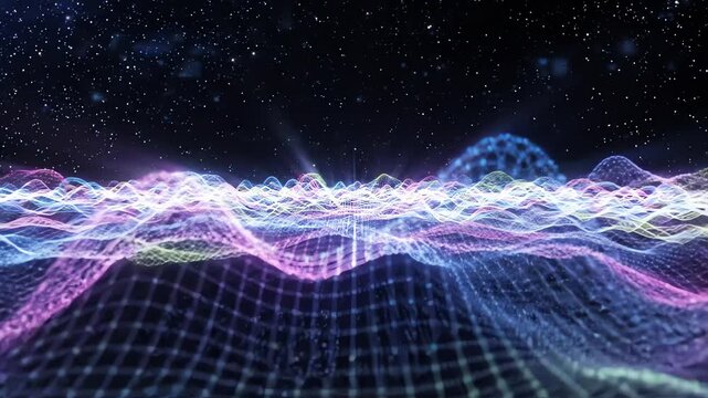 Digital visualization of a looping holographic wave pattern with vibrant neon light ripples shifting across an abstract dark background in motion
