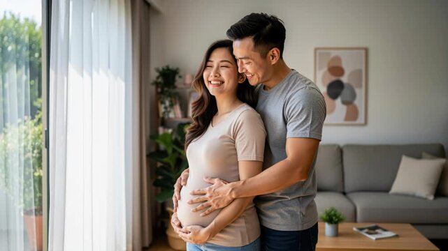 Expecting Parents' Radiance: A radiant pregnant woman and her supportive partner embrace by a large window, bathed in soft, natural light.