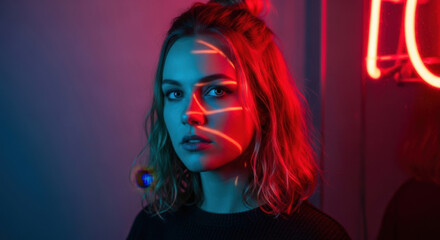 Obraz premium Young woman with neon light streaks across face in dark room artistic portrait.