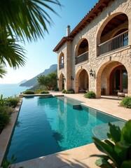 Obraz premium Stone mansion with arch balcony features infinity pool overlooking blue ocean sea. Sunny mediterranean villa exterior displays limestone architecture near coastal cliff landscape. Premium resort
