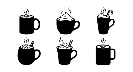 Fototapeta premium Hot Chocolate Mug Icons, Cozy Winter Drinks, Festive Holiday Beverages, Set of 6 Vector Graphics