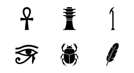 Fototapeta premium Ancient Egyptian Hieroglyphs Icons: Ankh, Eye of Horus, Scarab, Feather, Chess Piece, Number 1