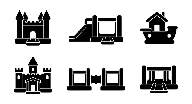 Bouncy Castle Icons, Inflatable Play Structures, Fun Fair Buildings, Party Entertainment Vector Set