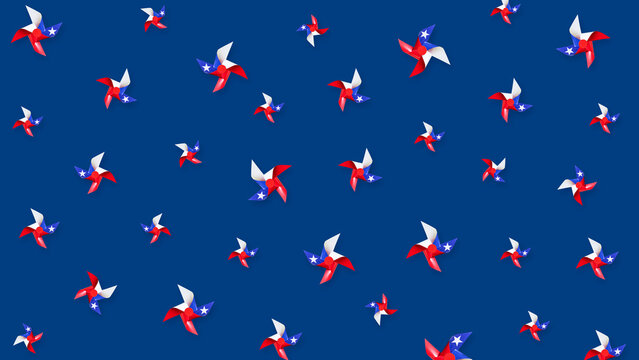 Patriotism 8K panoramic horizontal banner 16:9, seamless pattern featuring traditional red, white, and blue paper pinwheels with lone star design on navy blue backdrop.