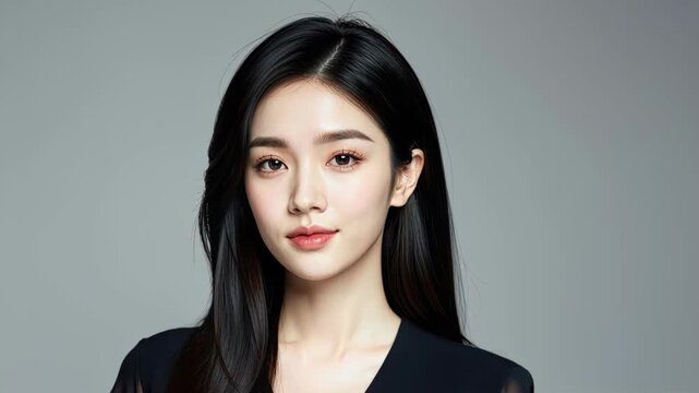 Portrait of a Young Woman: A close-up studio portrait of a young Asian woman with long, dark, straight hair, clear skin, and subtle makeup, looking directly at the camera with a neutral expression.