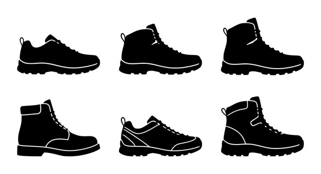 Black Silhouette Footwear Collection: Hiking Boots, Sneakers, Casual Shoes, Outdoor Gear Icons