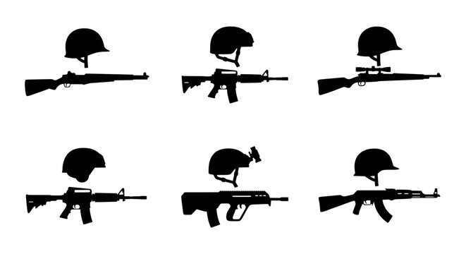 Military Weapons Collection, Soldier Helmets and Firearms Silhouettes, Combat Gear Icons