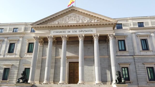 Congress of Deputies Neoclassical Building Spanish Facade Madrid Spain Low Angle Tilt Down Establishing Shot