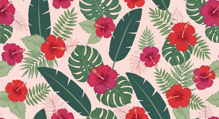 Tropical floral pattern, pink background, green leaves, red hibiscus flowers, vector illustration © Vasant