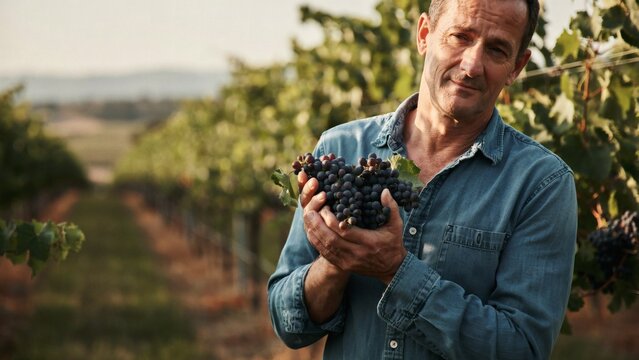 Mature man in denim shirt holding a bunch of ripe grapes in vineyard on sunny day