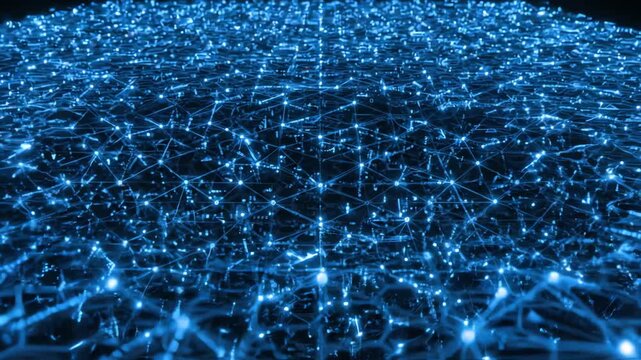 Glowing blue geometric grid lines expanding and contracting on a black background visualizing digital data flow and future technology concepts