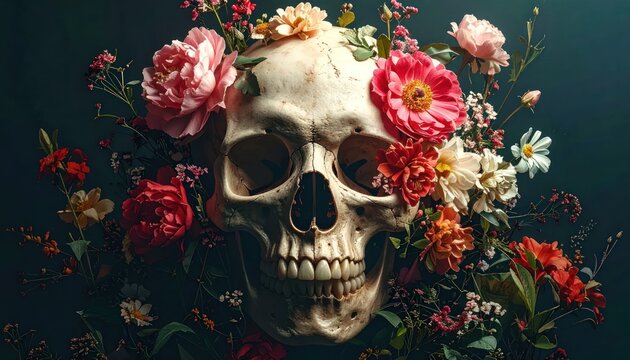 Skull adorned with vibrant, colorful flowers against a dark backdrop