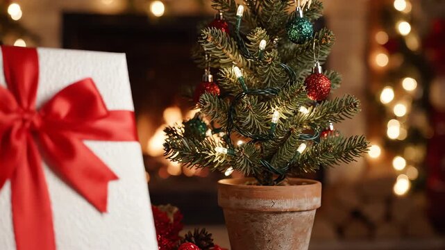 Holiday gift wrapped in white paper with a bright red bow resting beneath a miniature potted pine tree with a slow cinematic camera pan