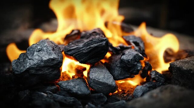 Close-up of burning charcoal embers with glowing flames and dark texture