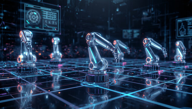 発光する制御パネルでつながるロボットアームの3D素材