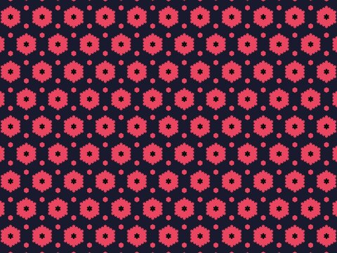 Bright red hexagons dot a deep navy background. Tiny circles echo the geometric pattern across the surface. The design pulses with bold, rhythmic energy