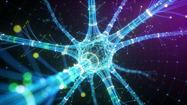 Futuristic neural network illustration showcasing interconnected brain cell synapses against cosmic digital background