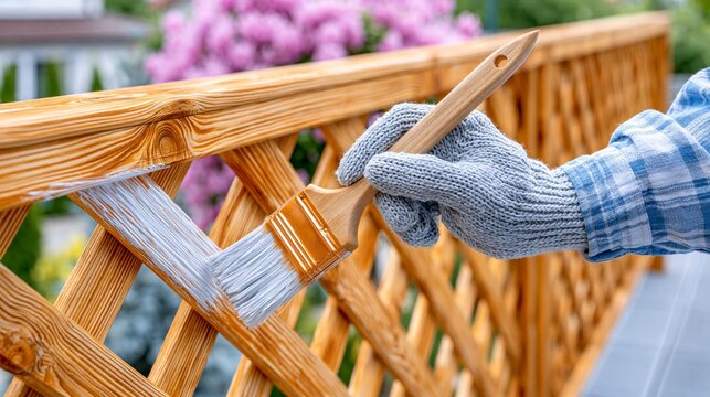 A worker is staining a wooden railing in a garden backyard using a paintbrush