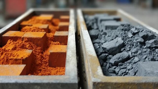 Two industrial containers. One holds orange powder and blocks, the other gray rocks