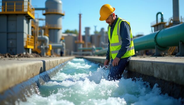 Male wastewater treatment engineer inspects water flow at industrial plant facility. Specialist wears safety helmet, reflective vest to check filtration process. Professional technician monitors