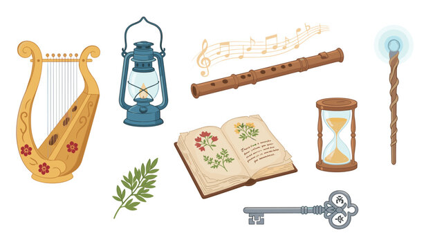 Selection of vintage mystical items featuring a golden harp, oil lamp, wooden flute, hourglass, book, and key.