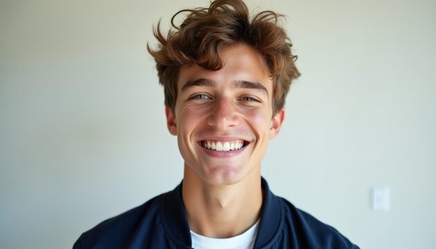Happy teenage boy with messy hair smiles at camera. Close up portrait of young european male person shows white teeth. Friendly student guy poses on plain light background for ad concept. Youth