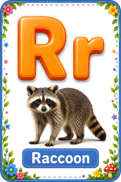 Educational alphabet flashcard showing the letter r and a realistic raccoon on a white background, for children
