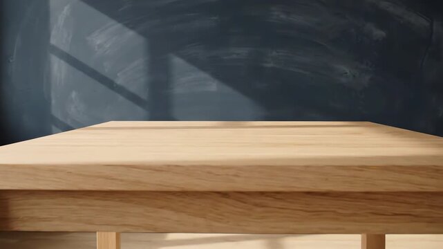Minimalist empty wooden table against a dark blue chalkboard wall with subtle shifting shadows and clean aesthetic for product placement
