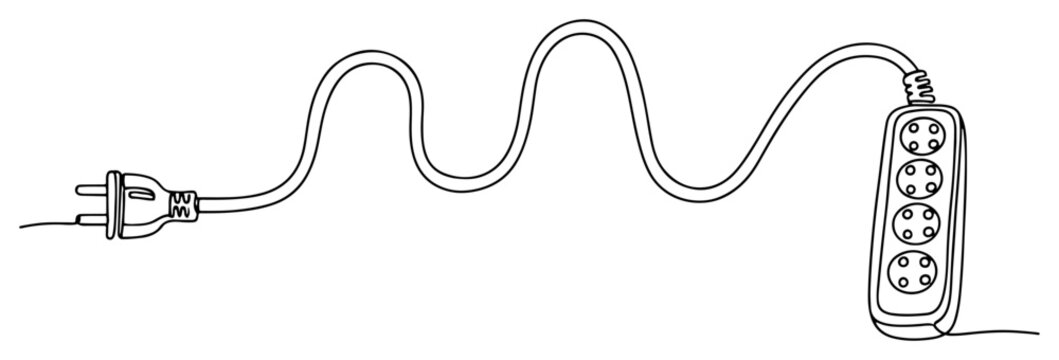 Electric extension cord with power strip and plug in minimalist continuous one line drawing style