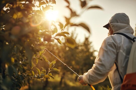 Farmer spraying insecticide on fruit trees at sunset