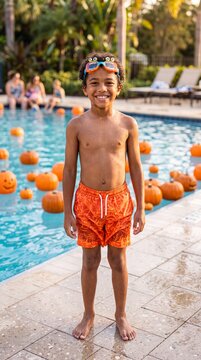 Happy young boy standing by a swimming pool filled with floating pumpkins during a festive Halloween pool party