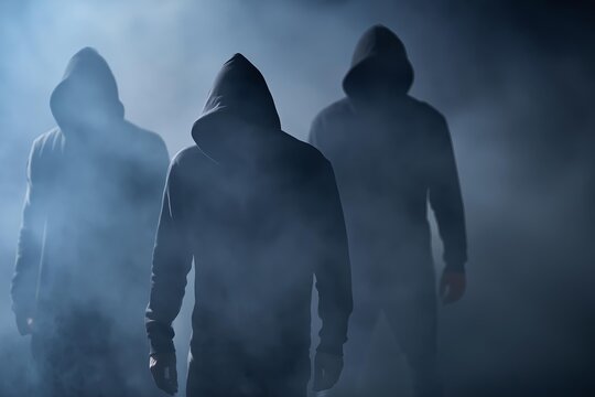 Three mysterious hooded figures emerge from smoke and shadow