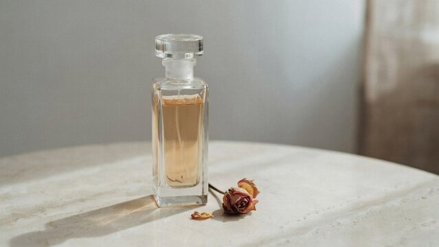 A glass perfume bottle with a dried rose on a table, evoking elegance and serenity in a minimalist setting.