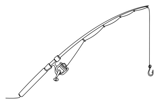 Fishing rod with spinning reel and hook in continuous line art style