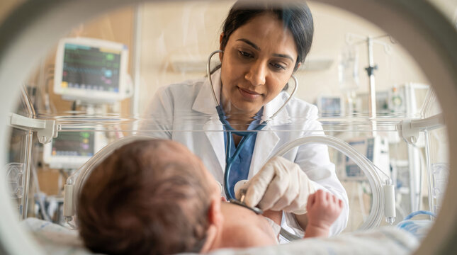 Neonatal doctor caring for premature baby in incubator