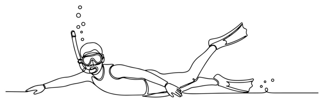 Snorkeler swimming underwater with mask and fins in continuous line art style