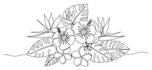 Tropical hibiscus flowers and monstera leaves bouquet in continuous line art style © OnlyVector