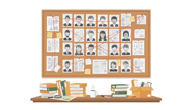 Grid of numerous criminal suspect photographs pinned to a bulletin board with red strings linking connections on desk.