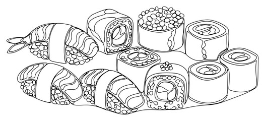 Sushi set with rolls and nigiri for japanese cuisine menu in continuous line art style © OnlyVector