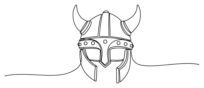 Viking helmet with horns for warrior costume in continuous line art style