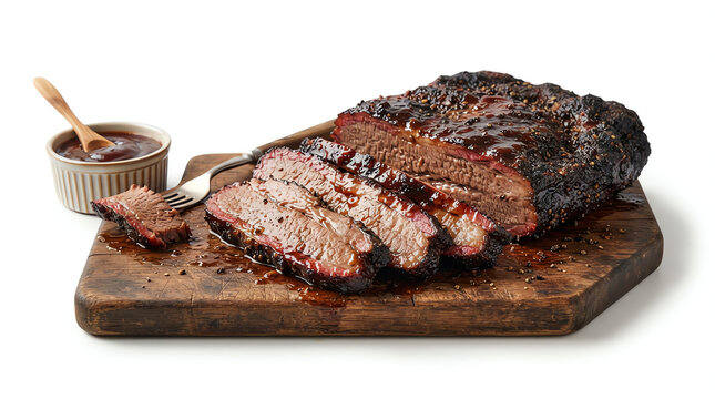 sliced brisket with barbecue sauce on wooden board