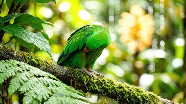 Vibrant green parrot perched on a mossy branch amidst lush tropical jungle foliage with soft bokeh background