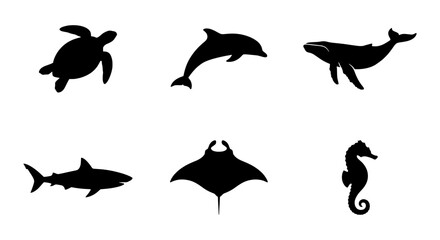 Fototapeta premium Ocean Wildlife Silhouettes: Sea Turtle, Dolphin, Whale, Shark, Manta Ray, Seahorse Icons